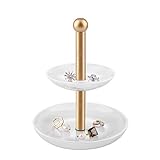 Emibele Jewelry Tower Stand, 2 Tiers Jewelry Dish Display Tree Rack, Removable Resin Jewelry Organizer for Ring, Earring, Bracelet & Necklace - Marble White
