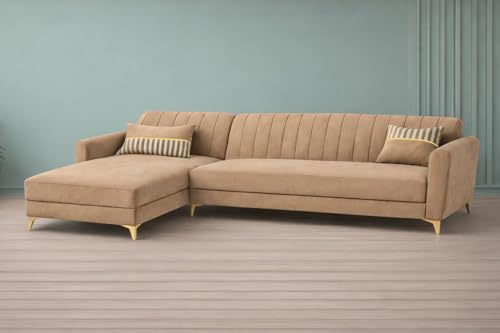 Image of Adorn India Premium Luster 6 Seater L Shape Sofa Set | Velvet Suede Fabric | 3-Year Warranty | LHS |Color Camel with Golden Legs & Striped Pattern Cushion