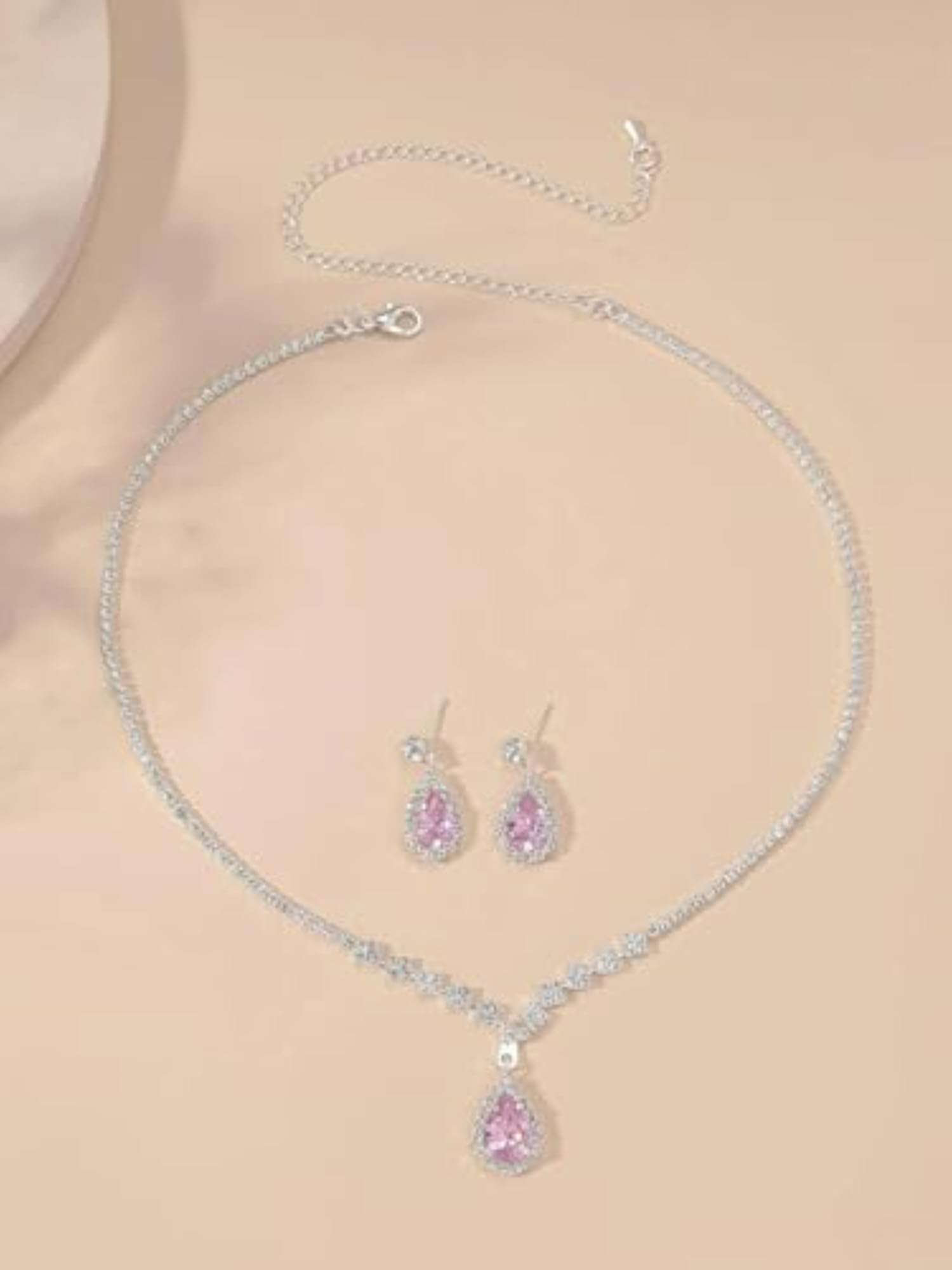 Crystal Zircon Necklace and Earrings Set, Teardrop Pendant
