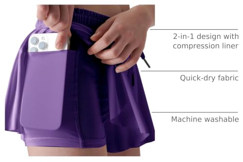 Image of 1 or 3 Pack Girls Flowy Shorts with Spandex Liner & Pocket, 2-in-1 Athletic Butterfly Shorts for Running Dance
