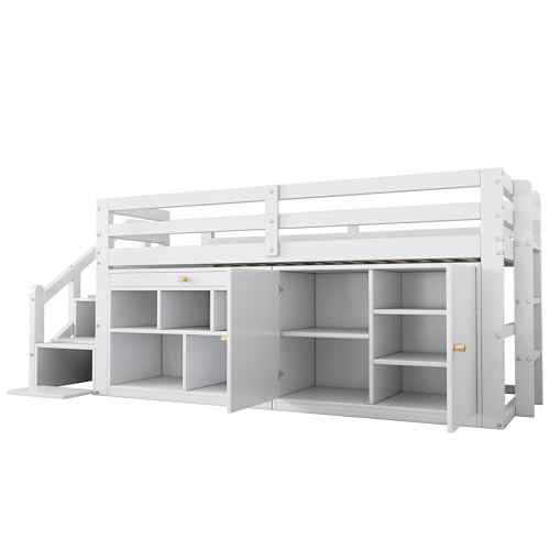 Kinderbett 90x200 Einzelbett, Hochbett mit Stauschrank, Schreibtisch und Treppe, Regal & Schubladen & Schließfach, Holzbett Stauraumbett Funktionsbett Jugendhochbett mit Lattenrost,Ohne Matratze,Weiß