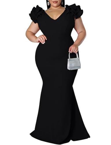 Women's Plus Size Maxi Dress Elegant V-Neck Ruffle Sleeves Bodycon Mermaid Dresses Evening Gown...