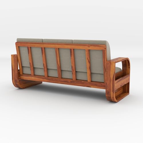 Image of Solid Sheesham Wooden 3 Seater Sofa Set with Light Taupe Cushion for Living Room Furniture - Honey Finish