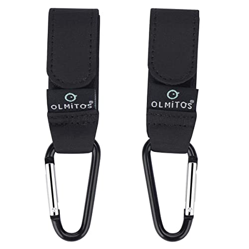 Olmitos - Ganchos Mosquetón Universal con Velcro para Cochecito de Bebé - Para tu bolso o cambiador - Pack de 2 ajustable para carrito, silla, sillita y bici (Negro) Cover