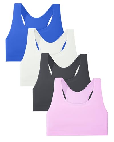 Sascina Girls Training Bras 10-12 Seamless First Bra Racerback Light Sports Bras for Tween - No Pads Chest Double Lined Bright Blue/Blush Pink/Dark Gray/White Large