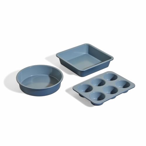 Our Place Wonder Oven Baker’s Kit – 3-Piece Toxin-Free Ceramic Nonstick Bakeware Set (20cm Round, 20cm Square, 6-Cup Muffin Pan) - Oven-Safe up to 232°C - Blue Salt