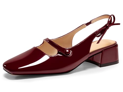 Image of Coutgo Womens Mary Jane Shoes Slingback Chunky Low Heels Bow Closed Square Toe Pumps Wedding Party Dress Shoes