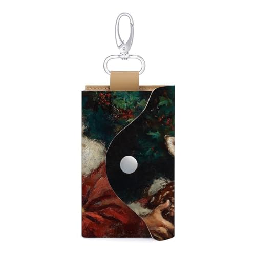 Santa Claus Holding An Adorable Deer Key Holder Bag PU Leather ID Card Holder Keychains Case Cover for Men Women