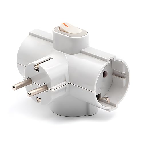 Adaptador de Enchufes Europeos con 3 Tomas y Interruptor, Ladrón Triple de Pared con Toma de Tierra, Enchufe Múltiple de Portátil para Hogar y Oficina, Máx 3680W, 16A, 250V, Blanco