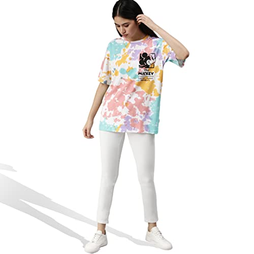 Image of Veirdo Original Disney Mickey Printed Pure Cotton Oversize Loose Baggy Fit Drop Shoulder Half Sleeves Round Neck Mickey Tit-Dye T-Shirt for Women (GL OS ST3008 TD)