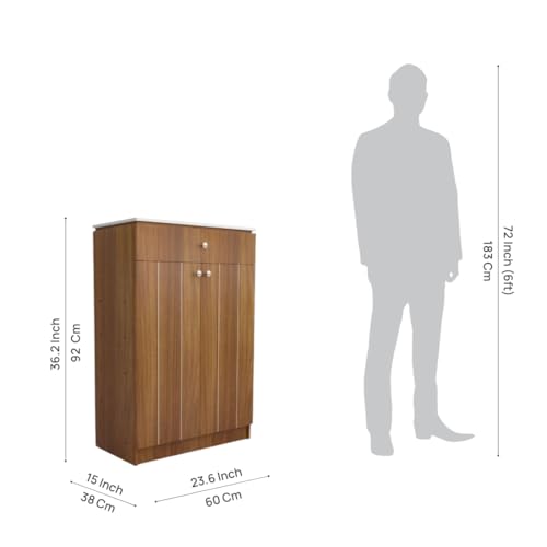 Image of Amazon Brand - Solimo Eva 2 Door Shoe Cabinet | Engineered Wood | Footwear Organizer with 1 Drawer and 4 Shelves | Wooden Shoe Rack for Home & Office | 12 Months Warranty | Leon Teak
