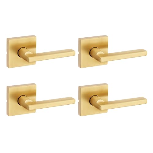 Image of Kwikset Halifax Interior Square Passage Door Handle, Lever for Closet and Hallway Doors, Reversible Non-Locking Handle Lever, Satin Brass 4 Pack