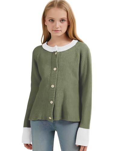 Girls Cardigan Sweater Kids Color Block School Uniforms Button Down Long Sleeve Knit Tops Tweens Winter Clothes