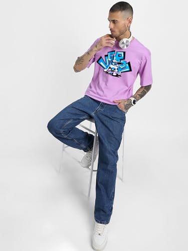 Image of Veirdo Pure Cotton Half Sleeve Round Neck Oversized Fit Graphic Print Royal Blue, Lilac & White T-Shirt Men /Boys (Available in from S to 2XL)