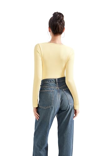 Image of SUUKSESS Women Sweetheart V Neck Long Sleeve Tops Lace Trim Ribbed Modal Fall Going Out Shirts