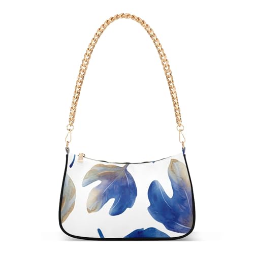 Watercolor Blue Fig Leaves White Handbag Medium Womens Aesthetic Shoulder Bag Crossbody Purse Zipper Closure Chain Strap