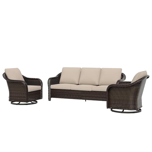 Qsoer 3 Piece Patio Wicker Conversation Set, All-Weather Use Outdoor Wicker Sofa with 2 PE Rattan 360 Swivel Chair, Ideal for Porch, Backyard, Balcony, Poolside, Beige