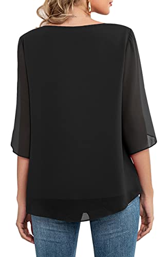 Neineiwu Womens Casual Scoop Neck Loose Top 3/4 Sleeve Chiffon Blouse Shirt Tops4