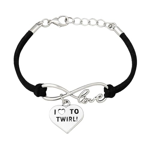 Sportybella Twirling Charm Bracelet – Infinity Black Adjustable Band with Love to Twirl Heart Pendant – Majorette Gift – Includes Jewelry Pouch