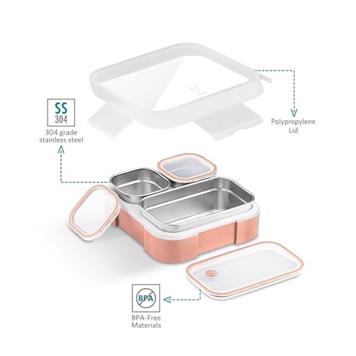 Image of VAYA Tydbyt Bento Lunch Box for Kids, Tiffin Box for Women for Office Use, Stainless Steel with 3 Containers, Slim Compact & Travel Friendly Design, Easy to Carry, Coral Crush