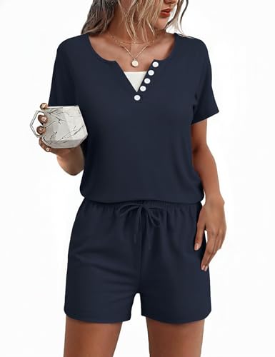 Marvmys Pijama Mujer Verano Algodón Manga Corta Cuello en V con Botones Conjunto de Pantalones Cortos con Bolsillos Ropa de Dormir S XXL