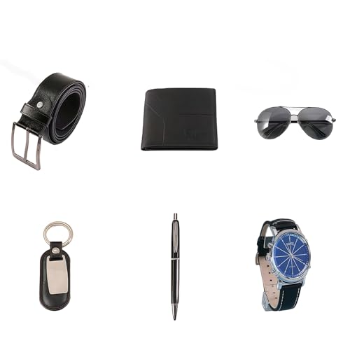 CXLZlNGH 6-piece Men's Accessory Fashion Set (Belt, wallet, watch, glasses, keychain, Ballpoint pen) Men's gift set