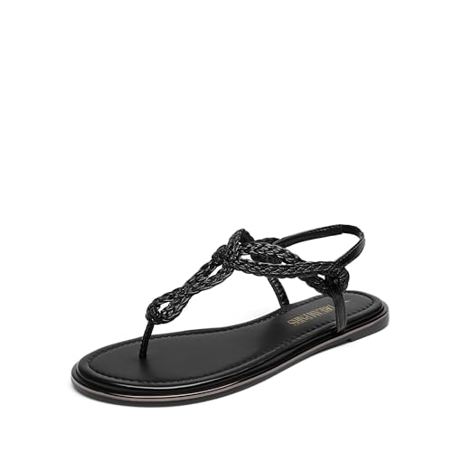 DREAM PAIRS Women's Flat Sandals Dressy Summer Stappy Comfortable Ankle Elastic T-Strap Beach Thong Sandals 6 All Black