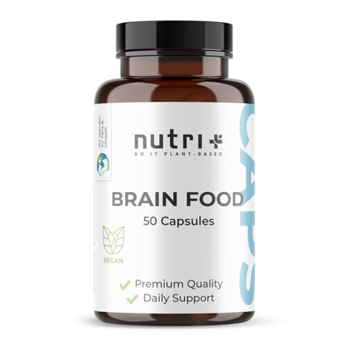 Nutri + Konzentrations Tabletten - Brain Booster 50 Kapseln - Gehirn Fokus Leistung - Supplement mit Koffein, Cholin, Ginseng - Brainfood vegan