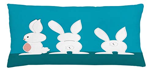 Lunarable Rabbit Throw Pillow Cushion Cover, Cartoon Design 3 Easter Bunnies in Different Positions on Blue Background, Decorative Rectangle Accent Pillow Case, 36