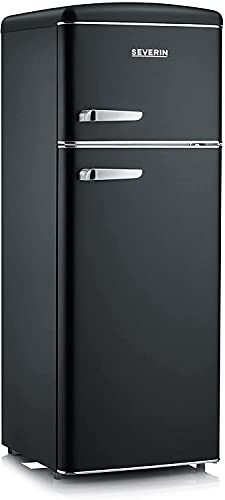SEVERIN Réfrigérateur Congélateur 2 portes, Pose libre, Longueur 55cm, 206L, Classe E, Veggibox incluse, Rétro, Noir mat, RKG 8932
