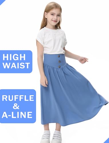Image of Girl Maxi Skirt Elastic High Waist A-Line Long Skirt Smocked Waistband with Drawstring and Pockets 3-12 Years