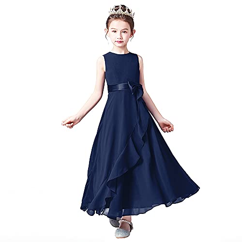 Little Juniors Girl Long Bridesmaid Dress Wedding Flower Girls Formal Pageant Party Dresses Chiffon Sleeveless Navy Blue 4