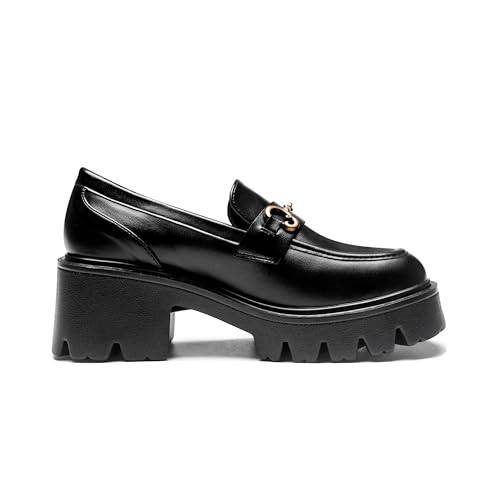 Image of Black Platform Loafers for Women - Women's Slip-On Leather Loafers, Chunky Comfort Shoes for Work & Dressy Occasions