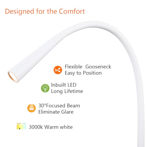 Image of Wall Mounted Reading Lamp USB Charger Matt White LED 3W Warm White 3000K Plug for Reading (White USB Charger Dimmer 2pcs)