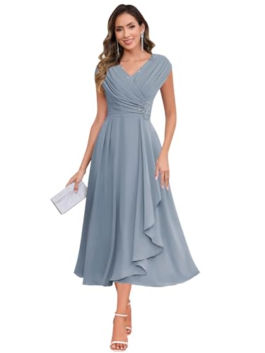 Image of SOLODISH Mother of the Bride Dresses for Wedding Tea Length Chiffon A Line Formal Wedding Guest Party Gown