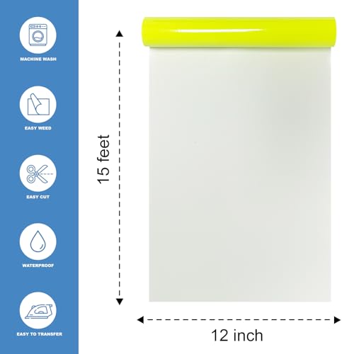 Image of Neon Yellow Heat Transfer Vinyl HTV Roll 12 inch x 15ft. | Easy to Cut, Weed & Transfer, Iron On Vinyl for Cricut, Silhouette Cameo & Other Craft Cutter Cutting Machine