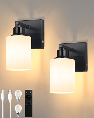 Image of Rayogale Wireless Battery Operated Wall Sconce Set of 2 with Remote Control | Black Dimmable Rechargeable Wall Lights with Timer, Easy Install White Glass Lamp for Living Room Bedroom, Emergency 3000K
