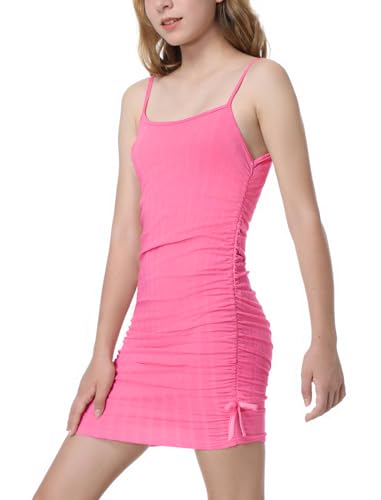 EXARUS Girls Bodycon Tight Spaghetti Strap Mini Short Dress Ribbed Knit Summer Sleeveless Ruched Pencil Dresses 8-14Y2