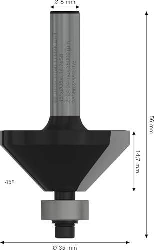 Bosch Professional Fasefräser Standard for Wood (für Holz, Ø 35 mm, Arbeitslänge 15 mm, 45° Winkel, Zubehör Handfräse)