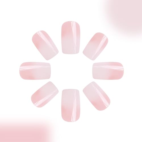 Pink Gradient Press on Nails Square Medium Coffin Fake Nails Kit Glossy Light Pink False Nails Reusable Artificial Natural Fit Glue on Nails Acrylic Stick on Nails for Women Manicure 24Pcs - Image 4