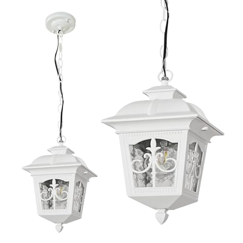 White Outdoor Pendant Light for Foyer Porch Patio Entryway Entrance, Large Aluminum Waterproof Exterior Hanging Lantern Light Outside Chandelier Light with Adjustable Chain(1 Pack)