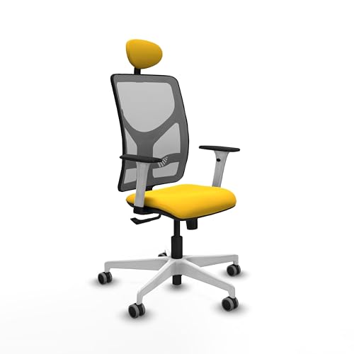 Piqueras y Crespo   Silla de Oficina Calidad Precio Motilla con Reposabrazos Blancos y Negros, Apoyo Lumbar Regulable en Altura y Cabecero Fijo. Gris/Amarillo