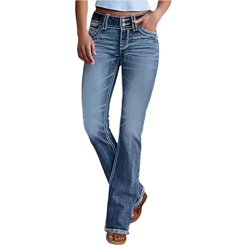 Mid Rise Jeans for Women Stretch Casual Bootcut Denim Pants Lightweight Straight Leg Jeans Bell Bottoms with Pockets