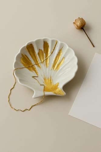 Image of TREETRUNK Handmade Concrete Shell Trinket Tray | Jewellery /Makeup /Table Organizer l Home Decor l Candle Tray | Multipurpose (9.5x9.5cm) White (Gold foil)