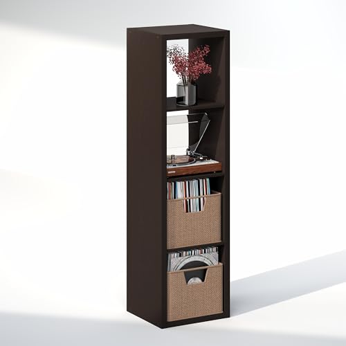 Image of Furinno Cubicle Record Player Stand, 4-Cube Record Storage, Dark Oak | Vinyl Storage, 1.2 inchInch Extra Thick, Open Back Media Shelf for CD DVD Bluray Game Disc, for Living Room, Home Office