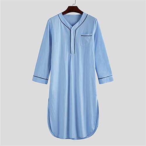 Men's Cotton Nightshirt V Neck Long Sleeve Button Down Nightgown Summer Mid-Length Henley Sleepwear Sleepshirt4