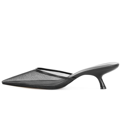 Image of ZJGZF Mesh Kitten Heels Mules for Women Closed Pointed Toe Slip on Backless Stiletto Slingback Low Heels Comfort Pumps Shoes