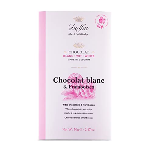 Dolfin Cioccolato Bianco con Lamponi - Cioccolato Morbido e Cremoso con Lamponi Saporiti - Regalo di Cioccolato per Golosi a San Valentino per Compleanni e Feste - Made in Belgio, Tavoletta da 70g