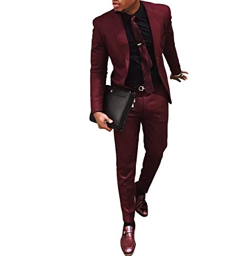 Men's Slim Fit Burgundy 2 Pieces Wedding Groomsmen Tuxedos Prom Party Business Blaser Taper Pants Suit
