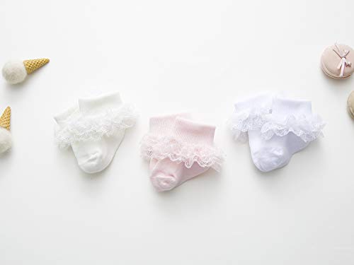 Image of Epeius Baby-Girls Eyelet Turn Cuff Ruffle Lace Socks Triple Lace Dressy Socks Newborn /Infants /Toddlers 3 /5 Pairs